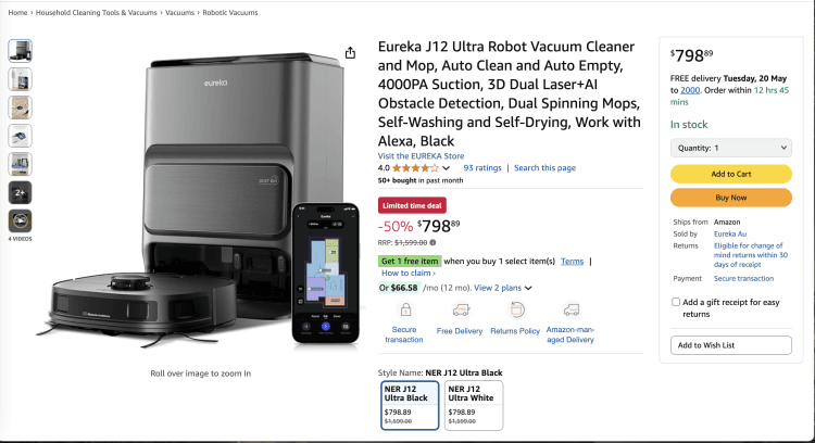 Amazon: Eureka J12 Ultra Robot Vacuum Cleaner and Mop – Was $1,599.00, now $798.89